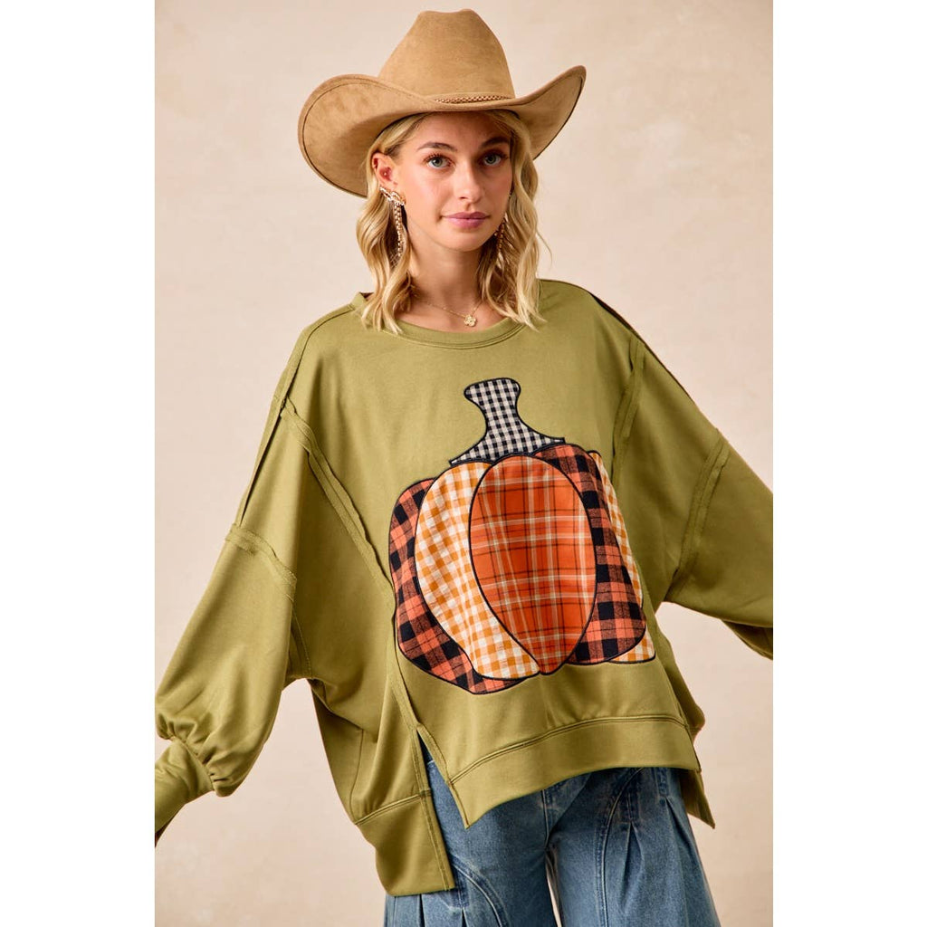 PLAID PUMPKIN 🎃 PATCHWORK FRENCH TERRY SWEATSHIRT: OLIVE 🫒