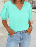 MINT GREEN V Neck Short Puff
Sleeve Blouse