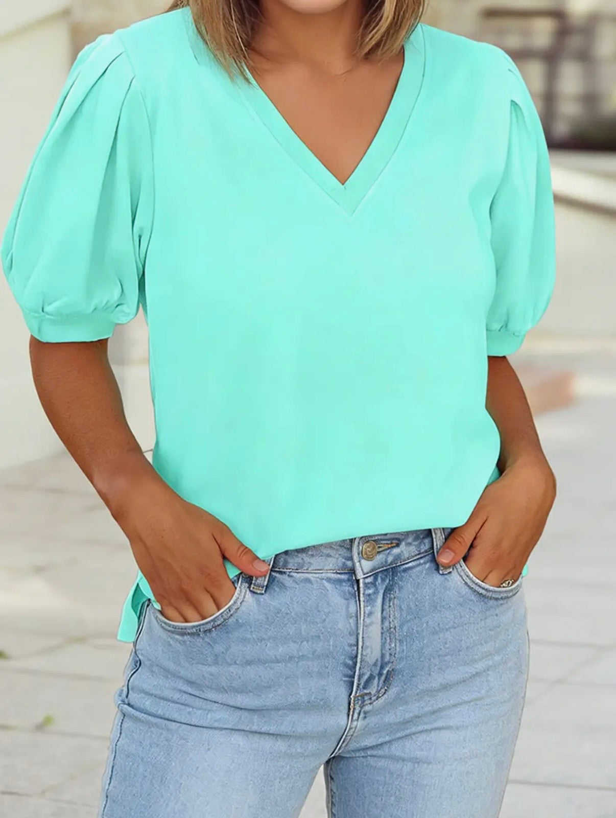 MINT GREEN V Neck Short Puff
Sleeve Blouse
