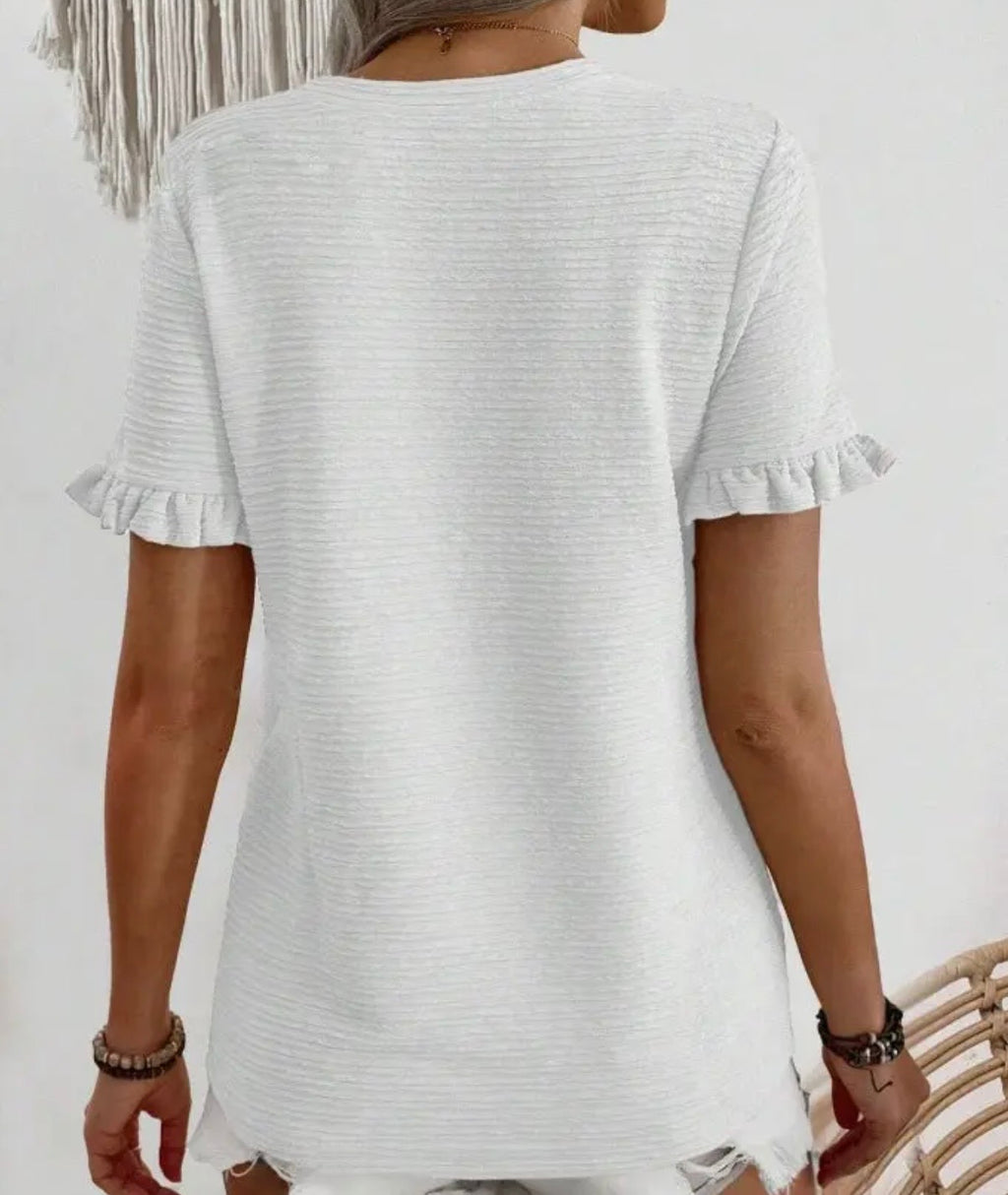 Ruffle Sleeve Round Neck Textured White Top