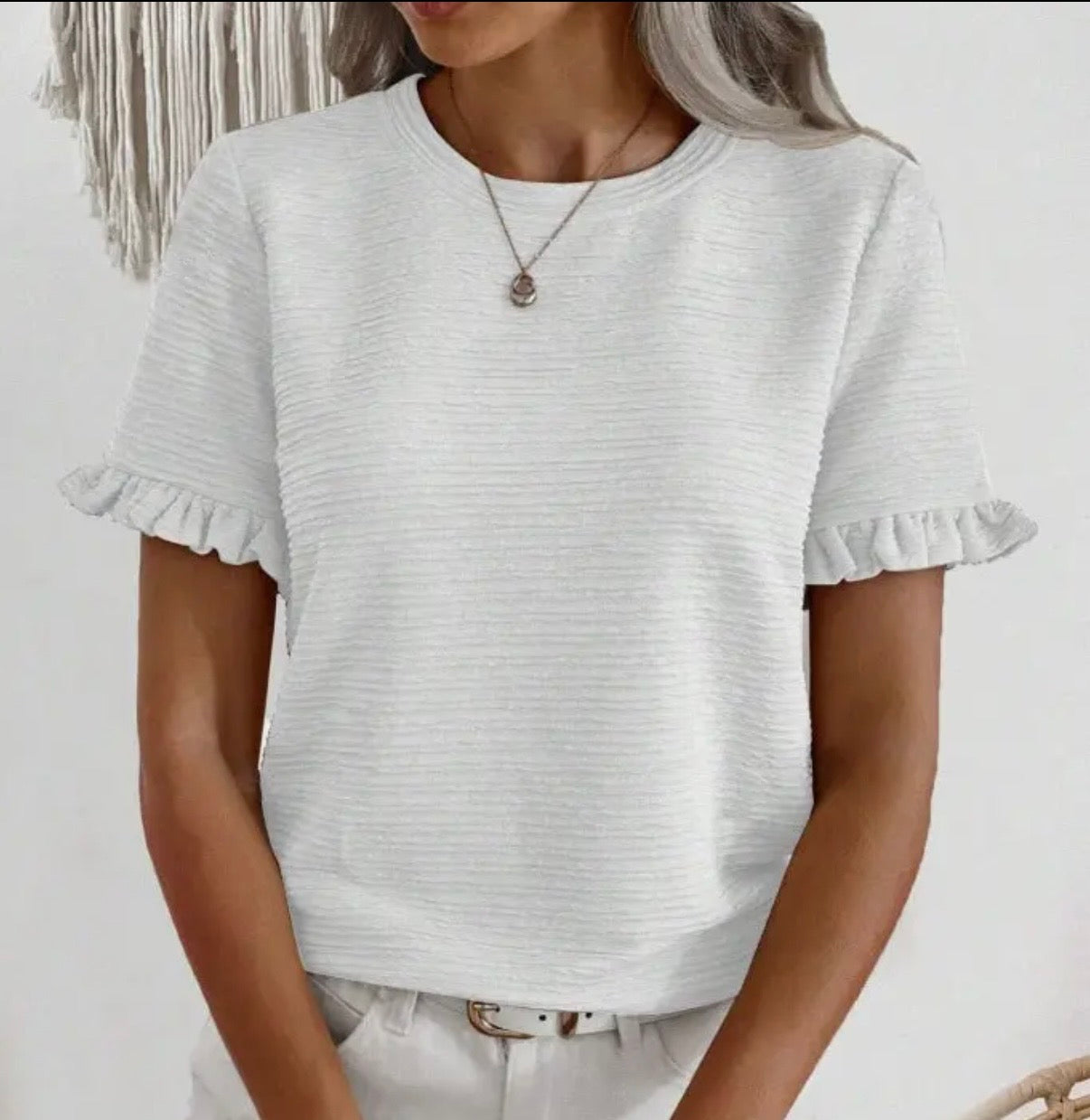 Ruffle Sleeve Round Neck Textured White Top