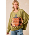PLAID PUMPKIN 🎃 PATCHWORK FRENCH TERRY SWEATSHIRT: OLIVE 🫒