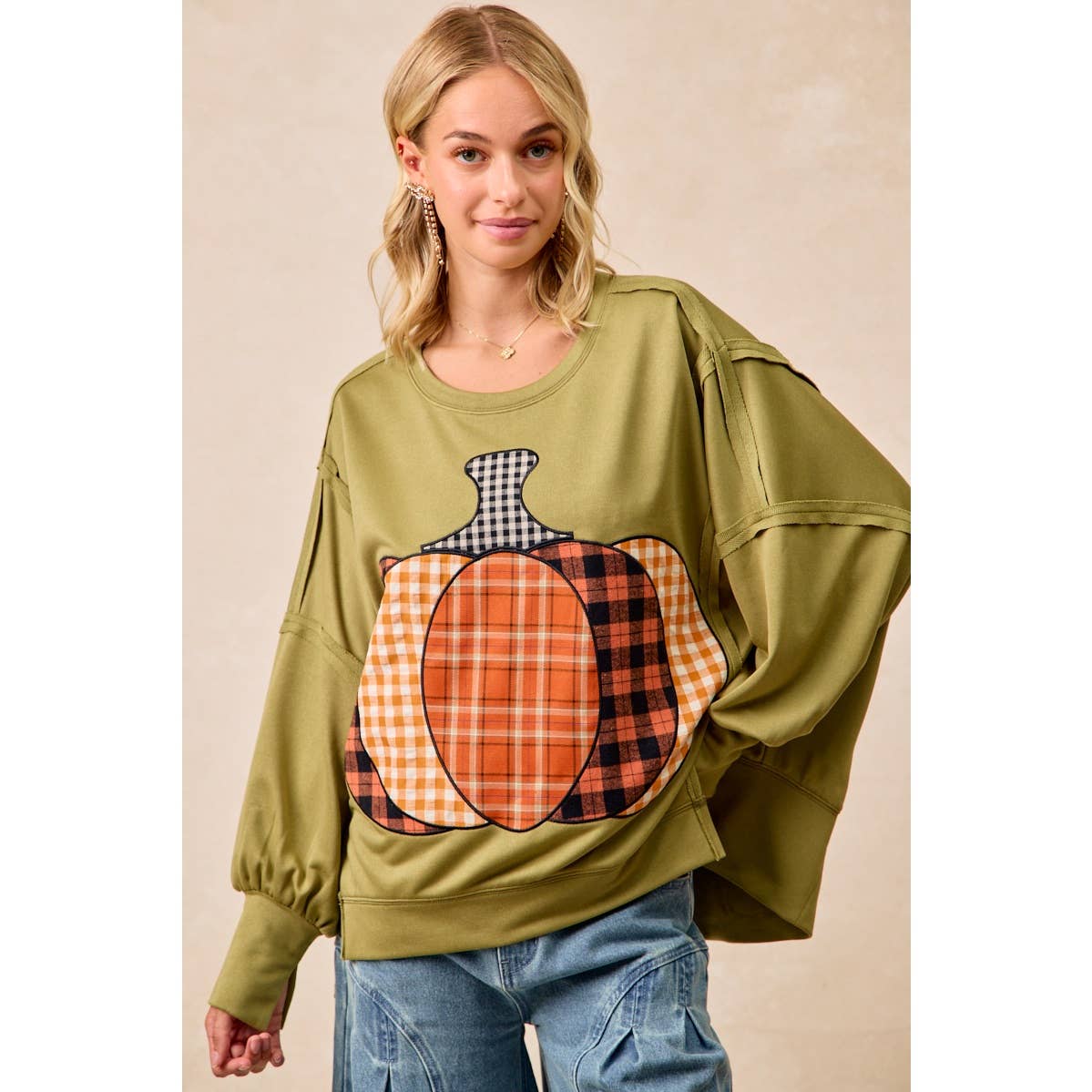 PLAID PUMPKIN 🎃 PATCHWORK FRENCH TERRY SWEATSHIRT: OLIVE 🫒