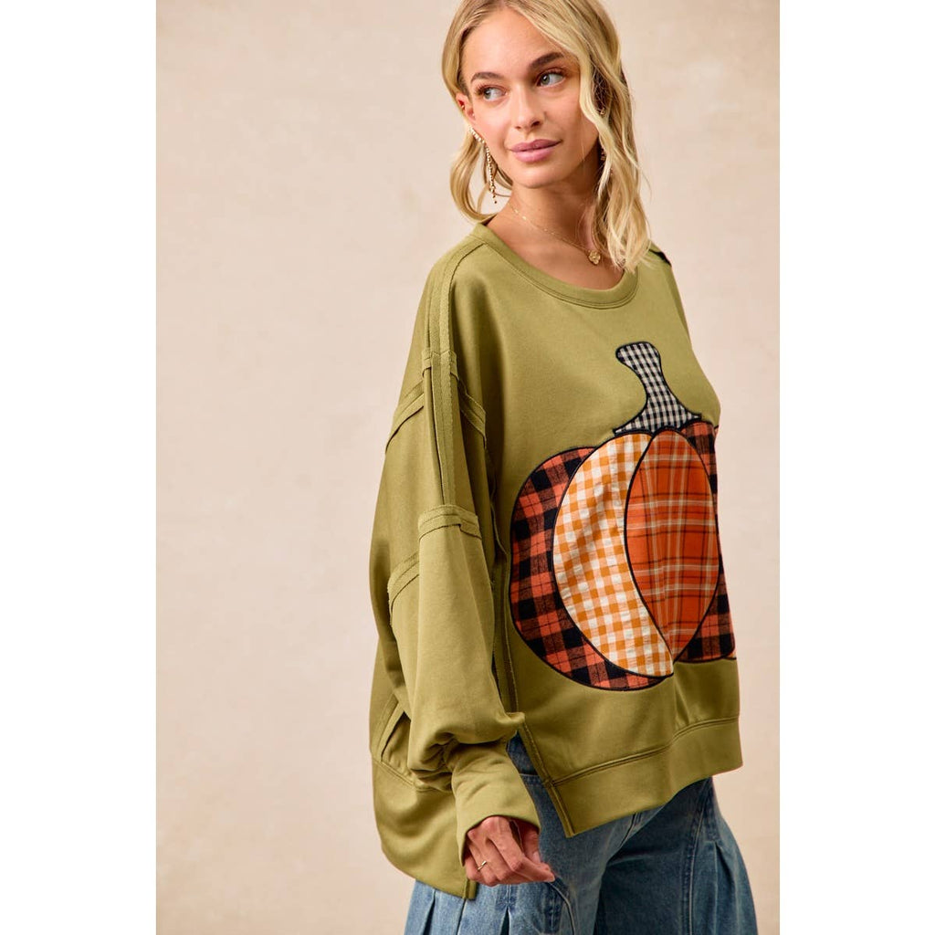 PLAID PUMPKIN 🎃 PATCHWORK FRENCH TERRY SWEATSHIRT: OLIVE 🫒