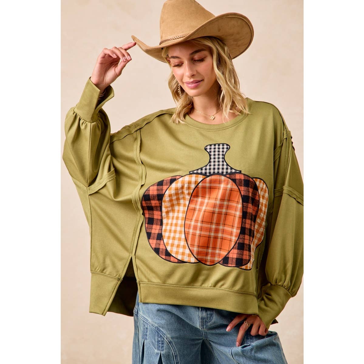 PLAID PUMPKIN 🎃 PATCHWORK FRENCH TERRY SWEATSHIRT: OLIVE 🫒