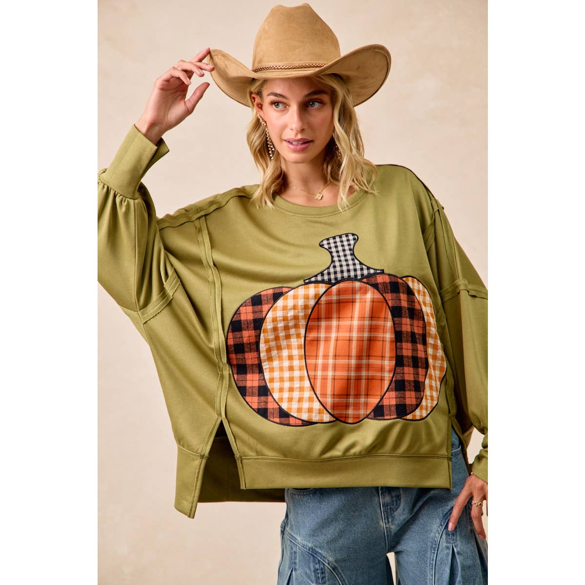 PLAID PUMPKIN 🎃 PATCHWORK FRENCH TERRY SWEATSHIRT: OLIVE 🫒