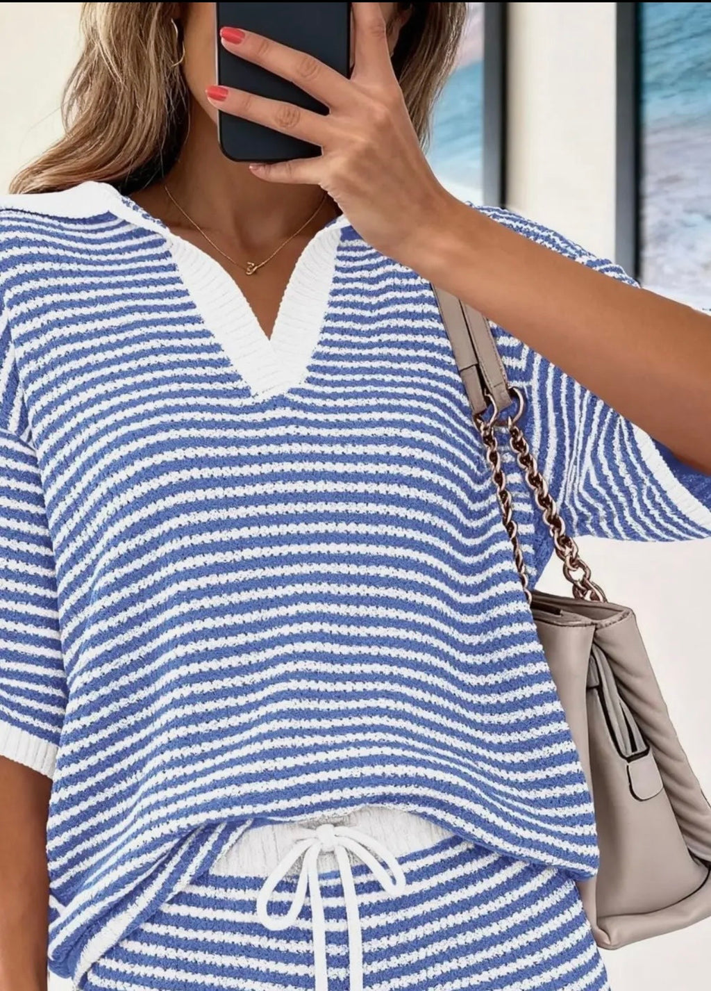 Striped Knit Lounge Set V Neck Top and Shorts Set