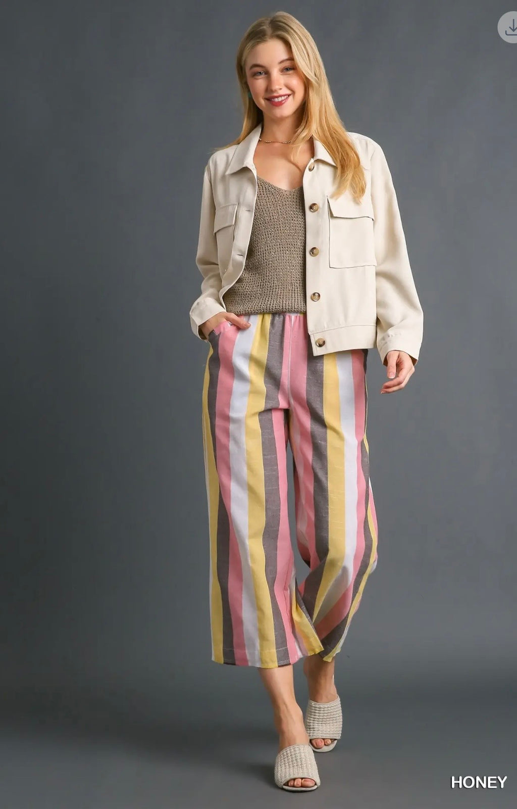 Umgee Striped Multi-Color Wide Leg Elastic Waistband Bottoms