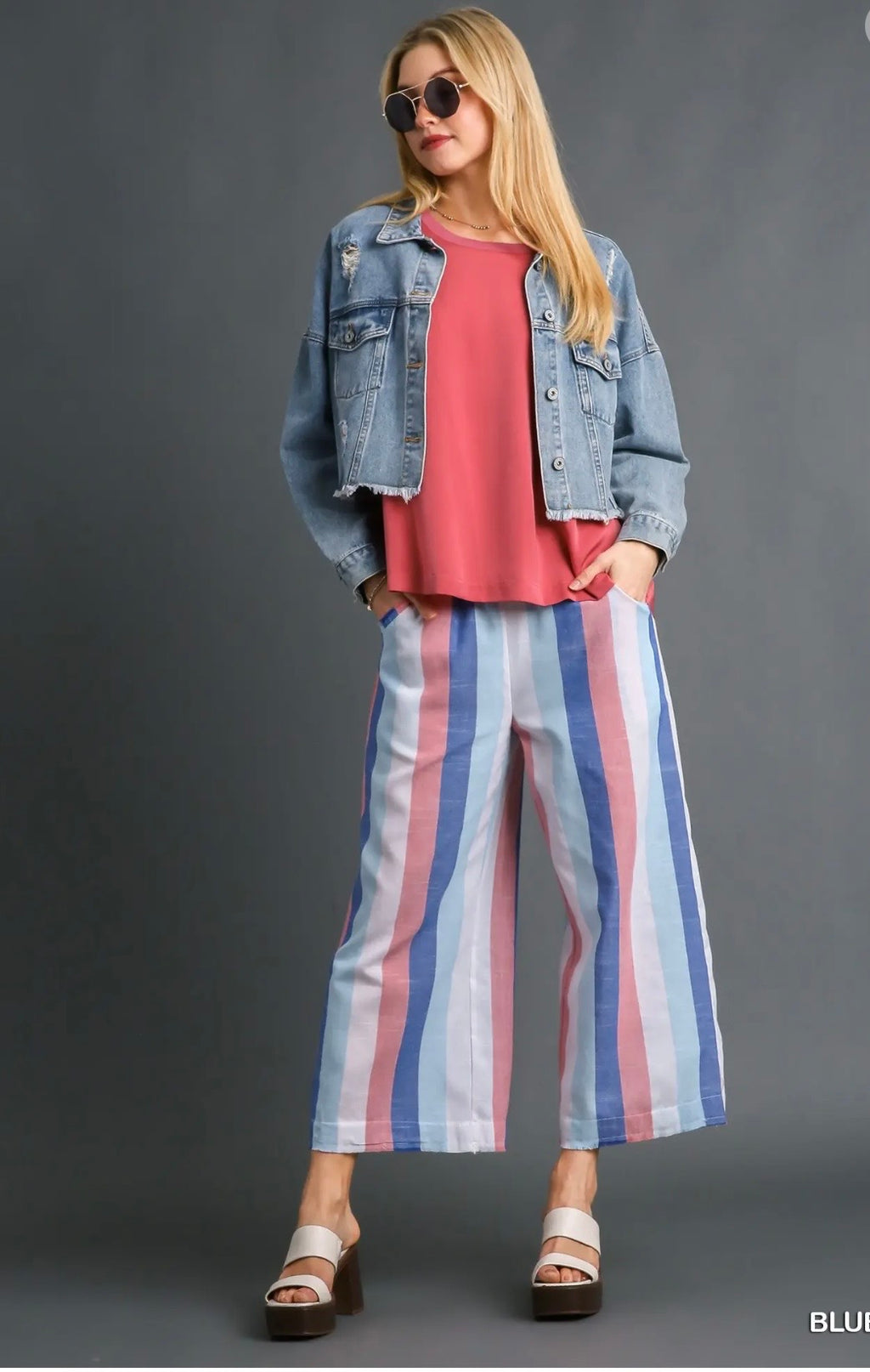 Umgee Striped Multi-Color Wide Leg Elastic Waistband Bottoms