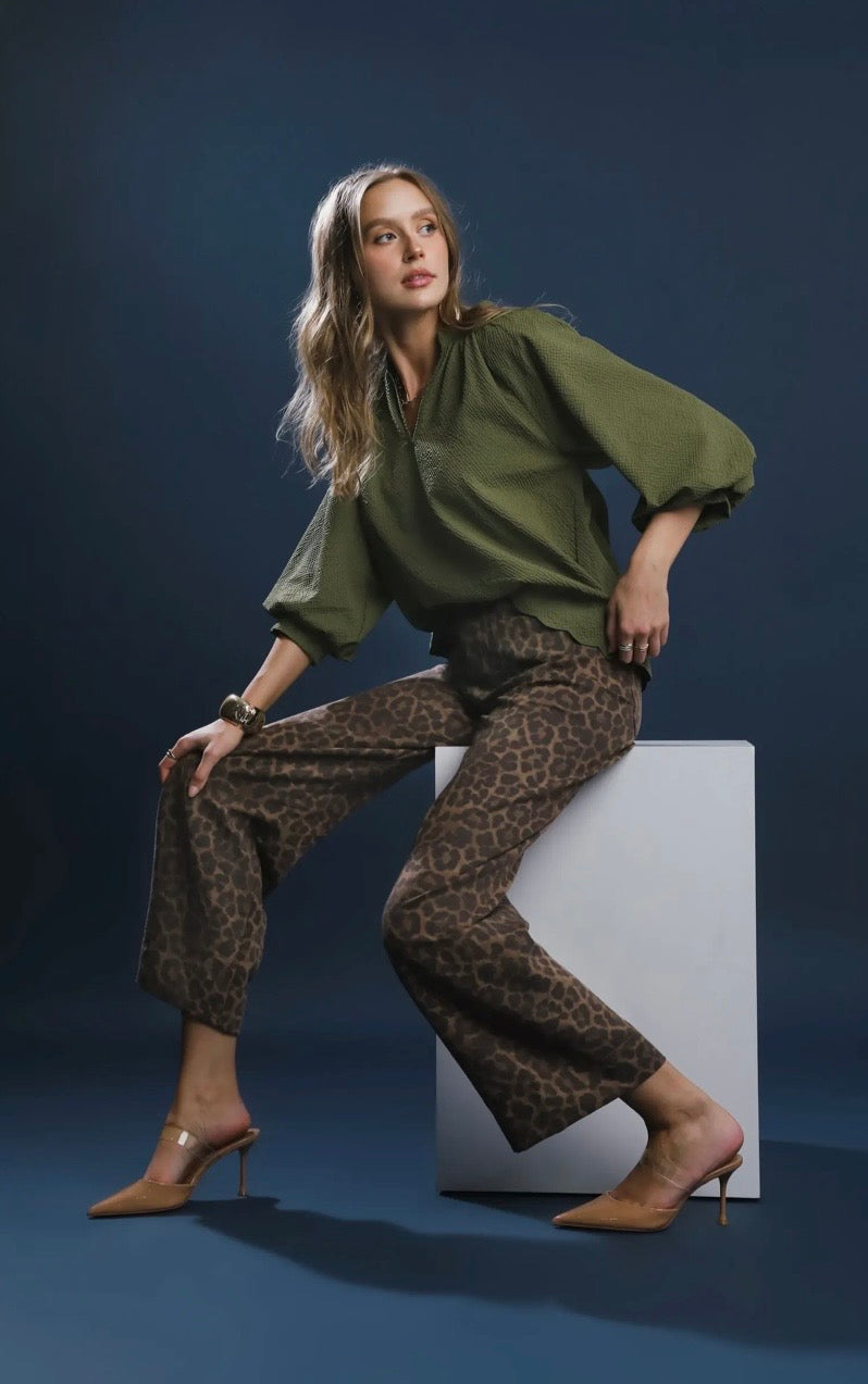 Autumn Ease Balloon Sleeve Top – Olive