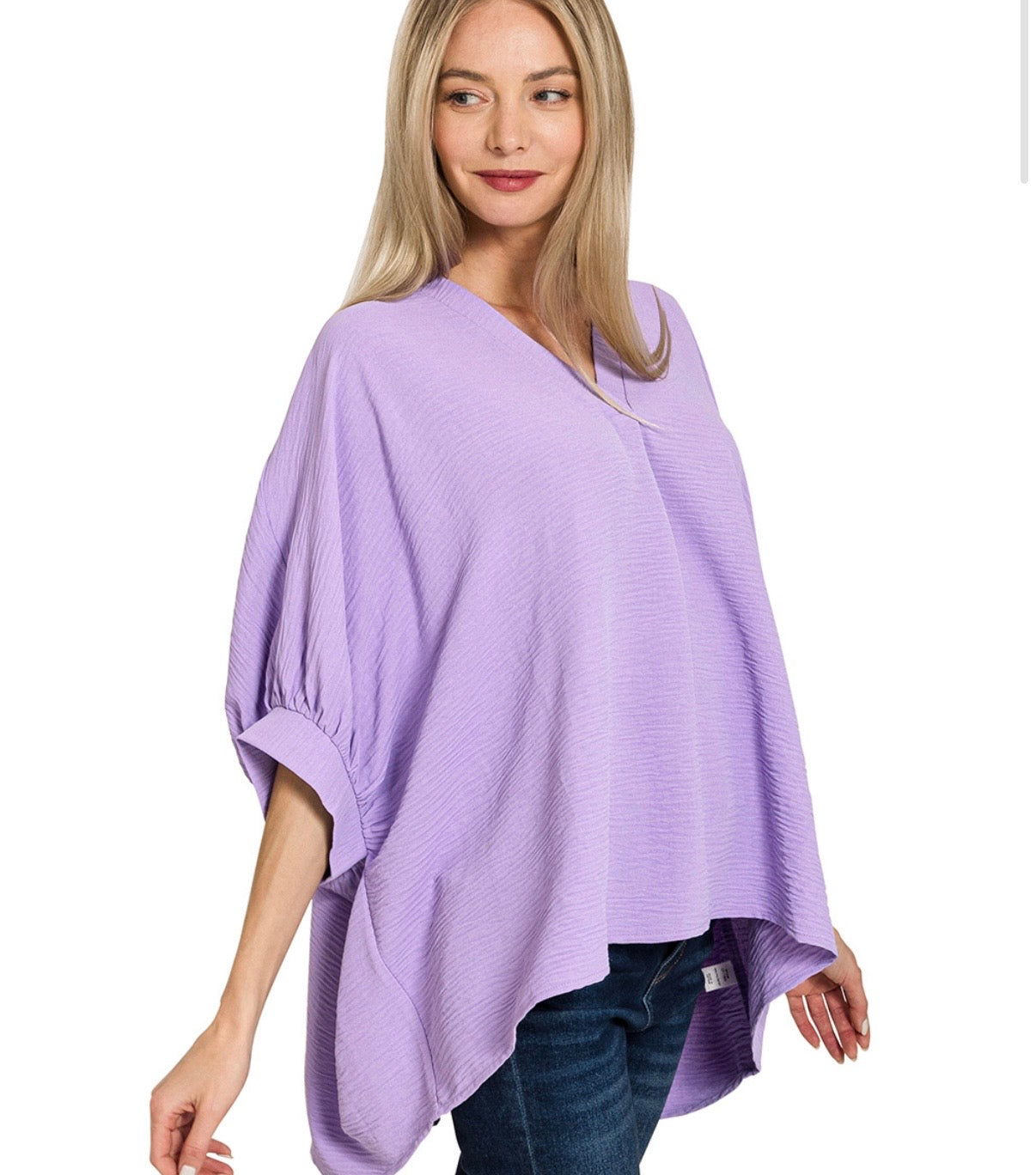 Zenana WOVEN AIRFLOW V-NECK PUFF HALF SLEEVE TOP