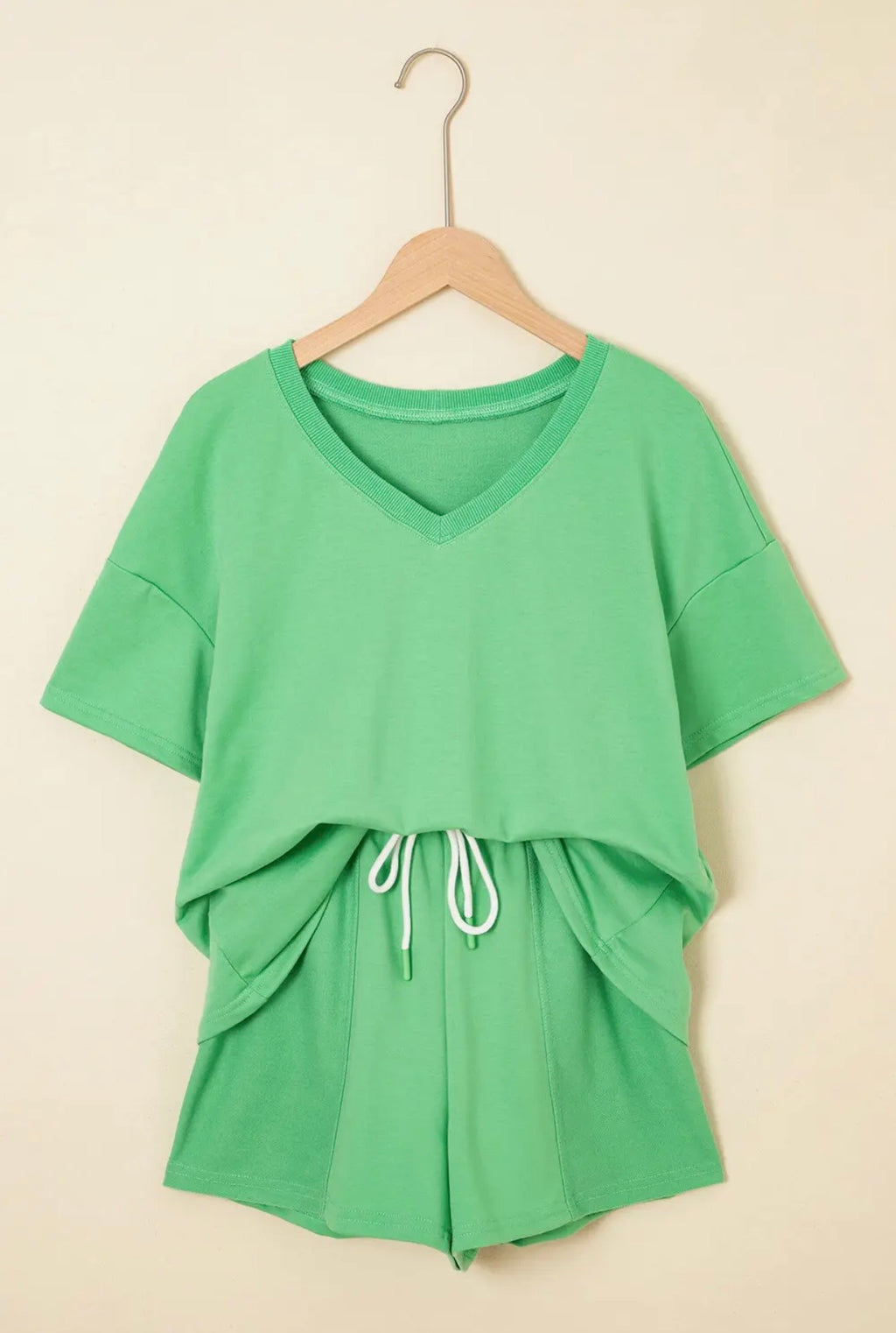 Green V Neck Short Set Drawstring Shorts 2 Piece