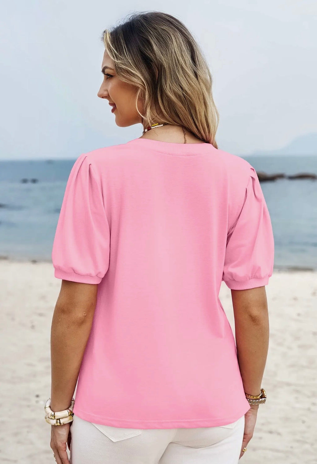 Solid Color V Neck Short Puff Sleeve Blouse-Pink, Yellow, & Turquoise