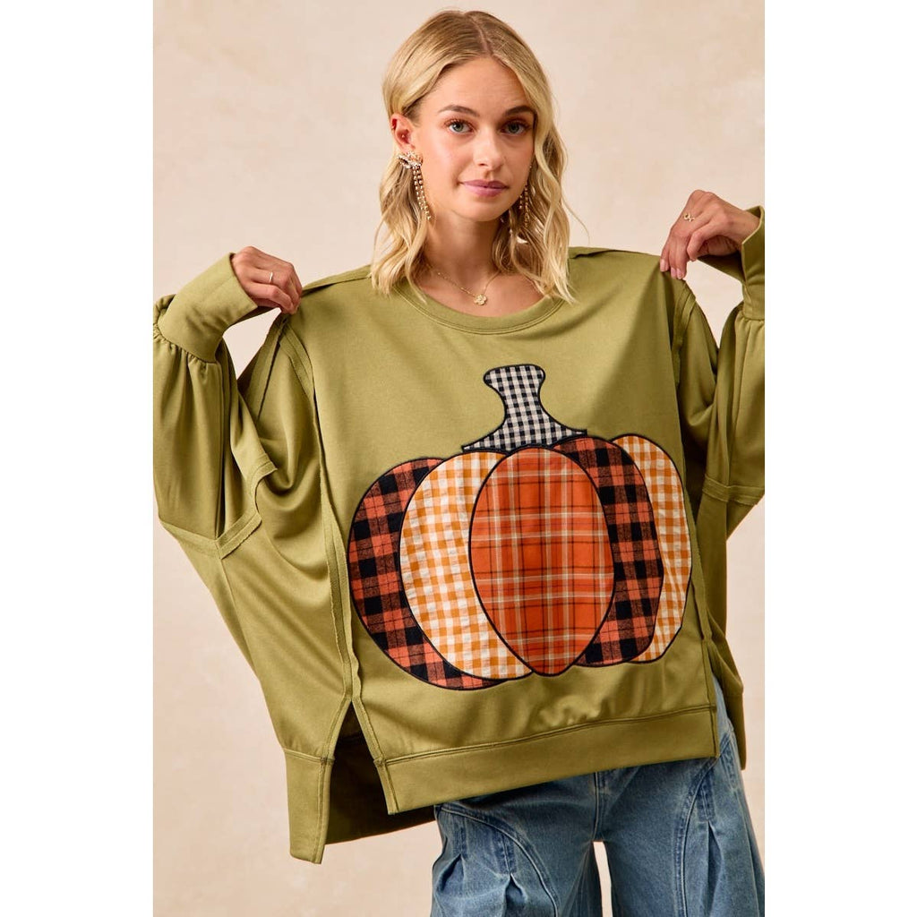 PLAID PUMPKIN 🎃 PATCHWORK FRENCH TERRY SWEATSHIRT: OLIVE 🫒