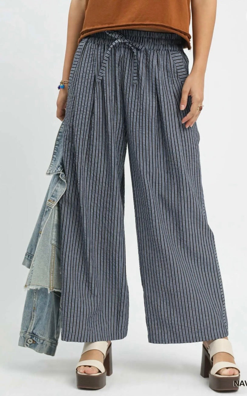 Easy Going Striped Wide Leg Pants – Navy