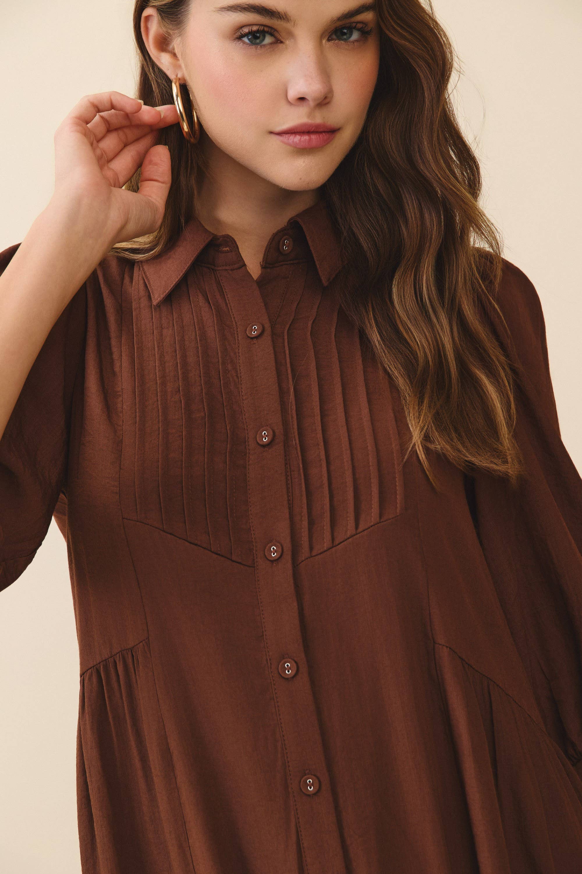 The Autumn Edit Brown Pintuck Midi Dress