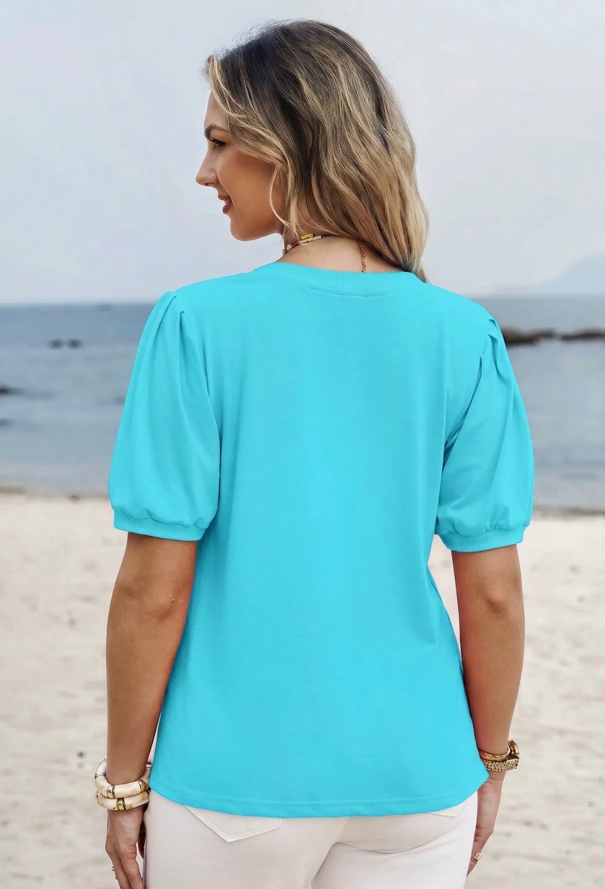 Solid Color V Neck Short Puff Sleeve Blouse-Pink, Yellow, & Turquoise