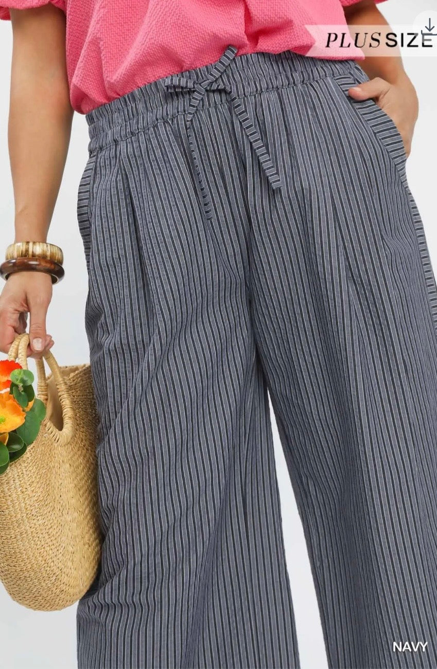 Easy Going Striped Wide Leg Pants – Navy