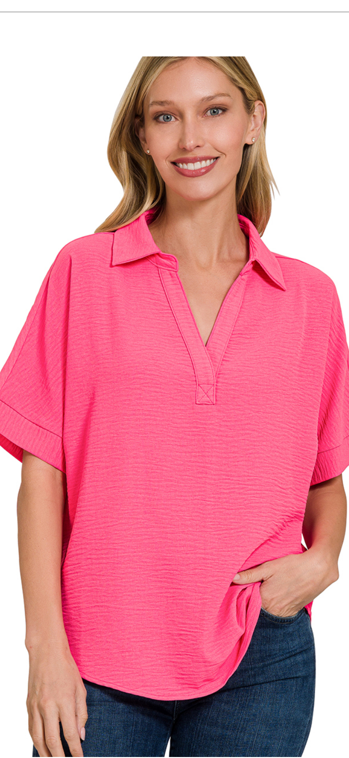 ZENANA FUCHSIA WOVEN AIRFLOW COLLARED V-NECK SHORT SLEEVE
TOP