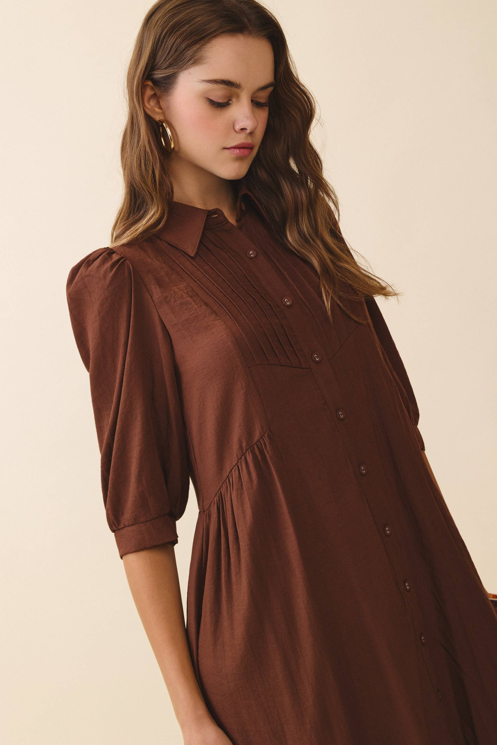 The Autumn Edit Brown Pintuck Midi Dress