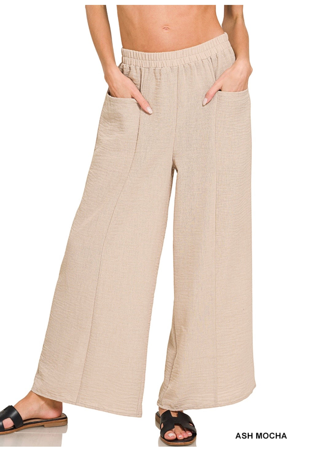 ZENANA ASH MOCHA WOVEN AIRFLOW ELASTIC
WAISTBAND PANTS