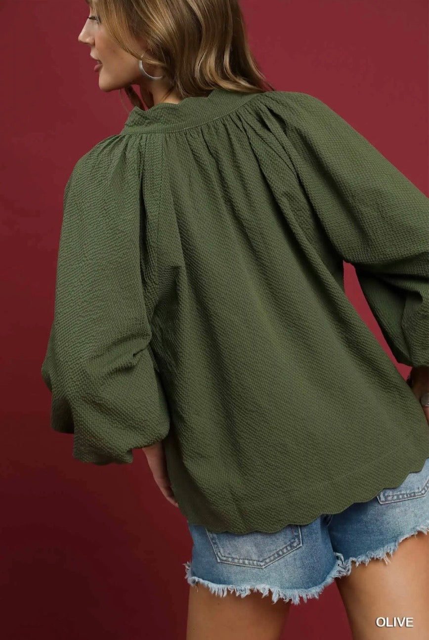 Autumn Ease Balloon Sleeve Top – Olive