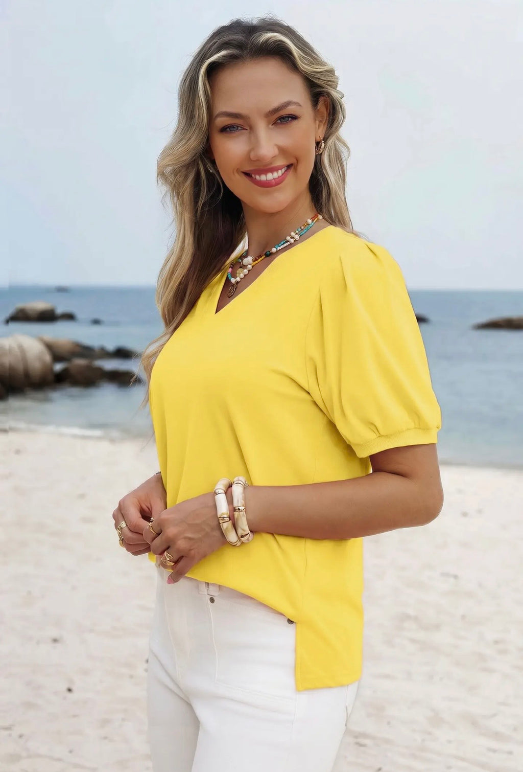 Solid Color V Neck Short Puff Sleeve Blouse-Pink, Yellow, & Turquoise