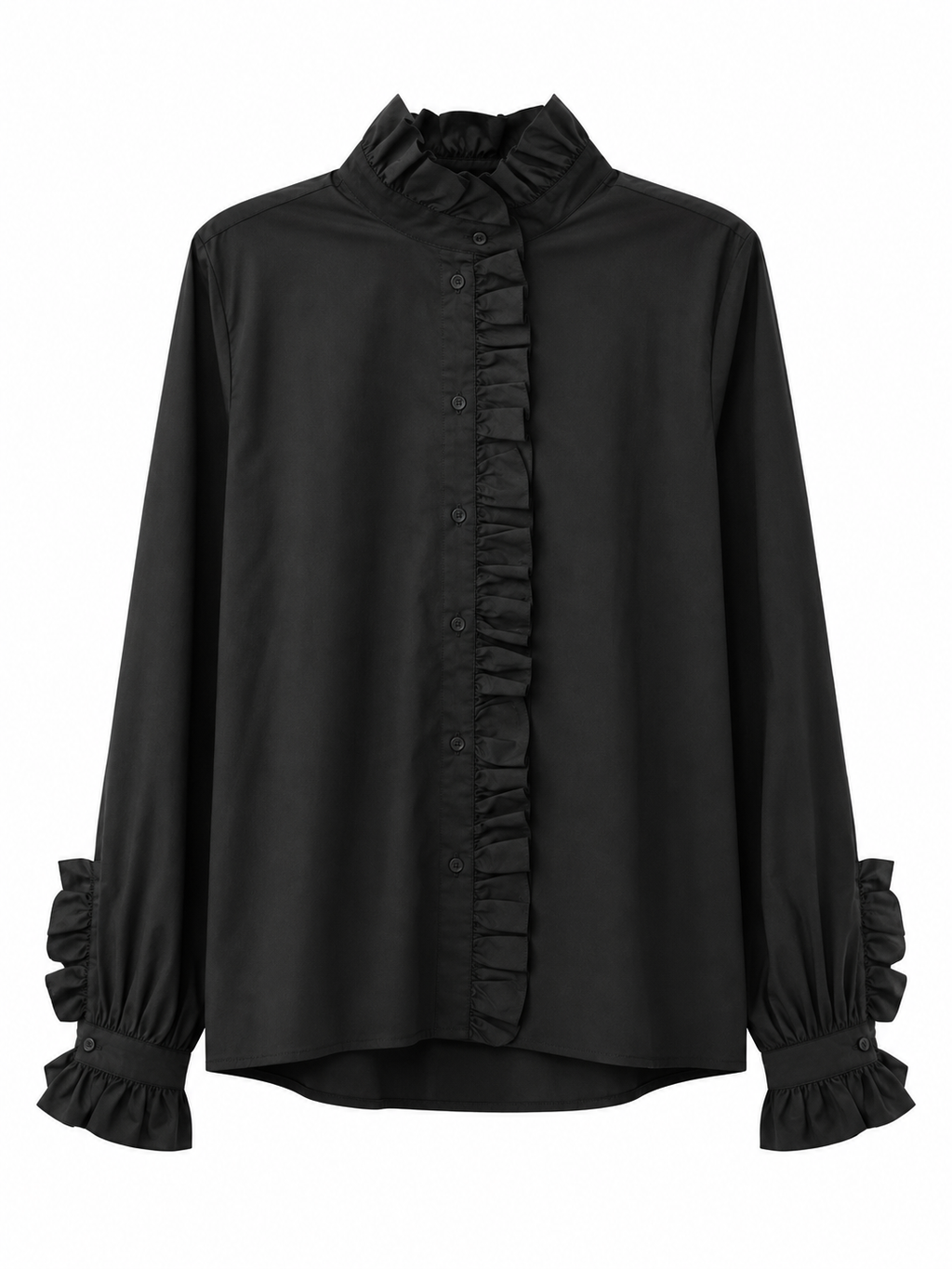 Ruffle Romance Button-Up Blouse – Black