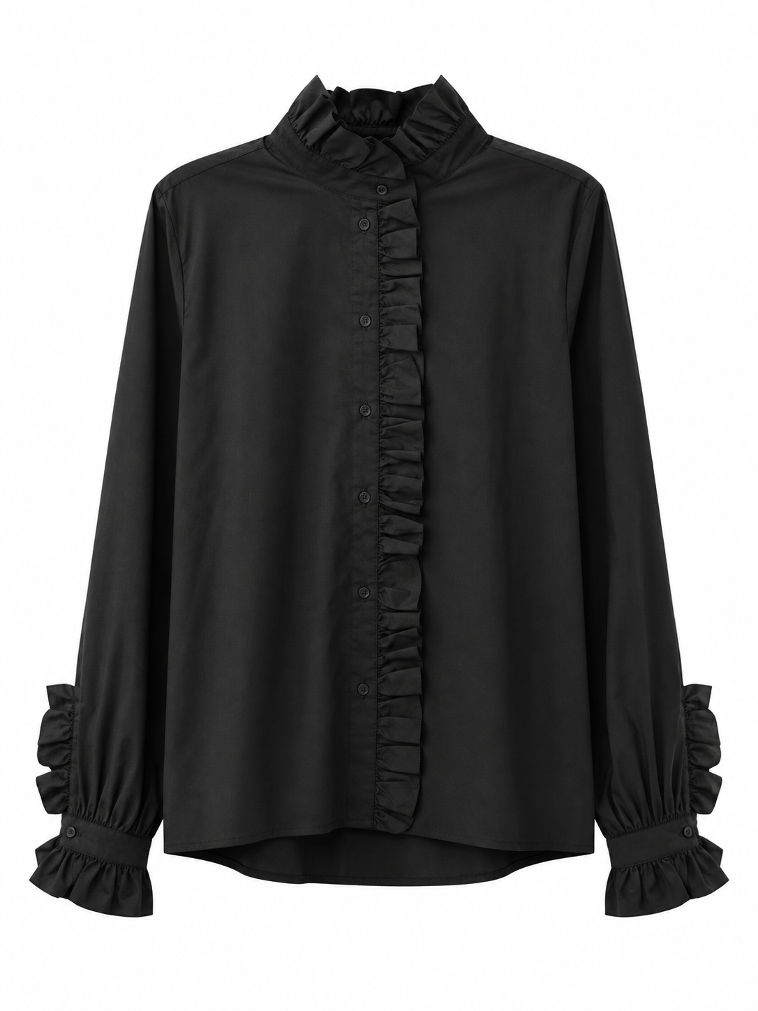 Ruffle Romance Button-Up Blouse – Black