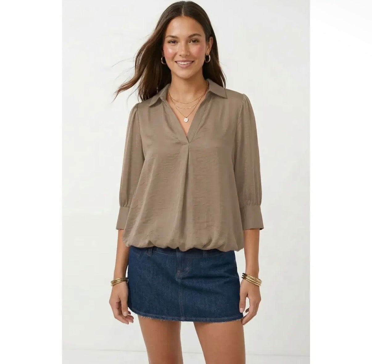 Coffee Date Bubble Hem Blouse – Khaki