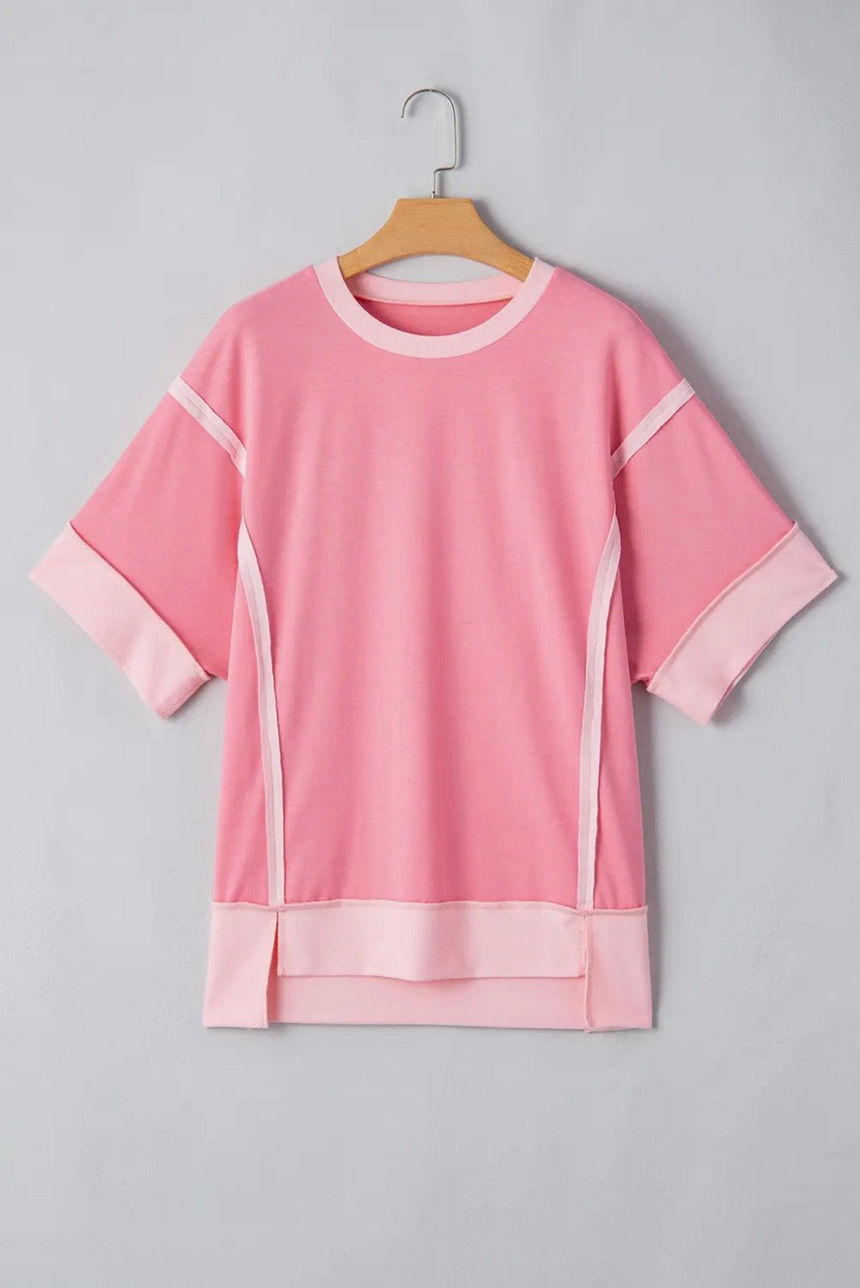 Soft Pink Half Sleeve Raw
Seam High Side Split Top