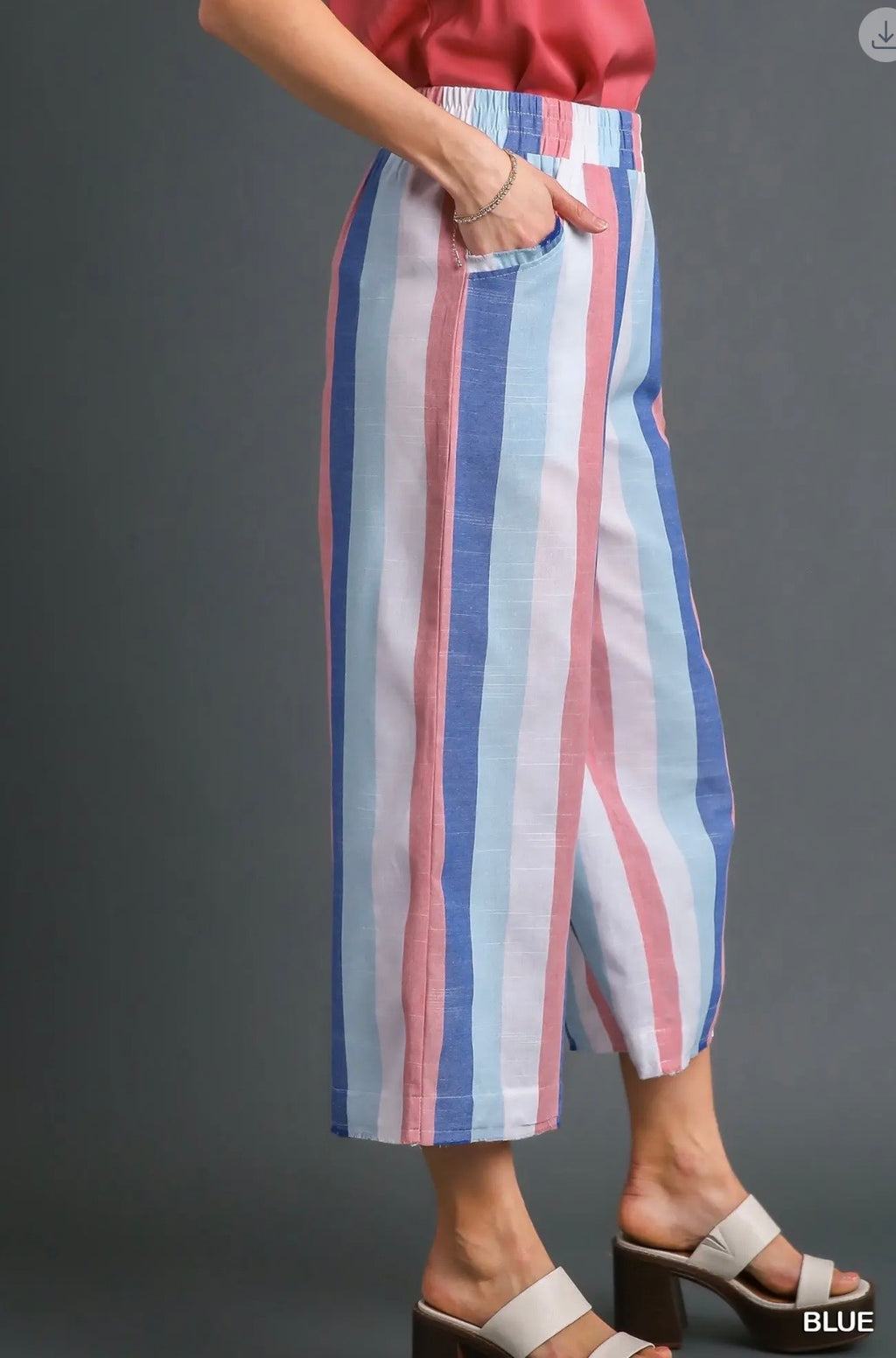 Umgee Striped Multi-Color Wide Leg Elastic Waistband Bottoms