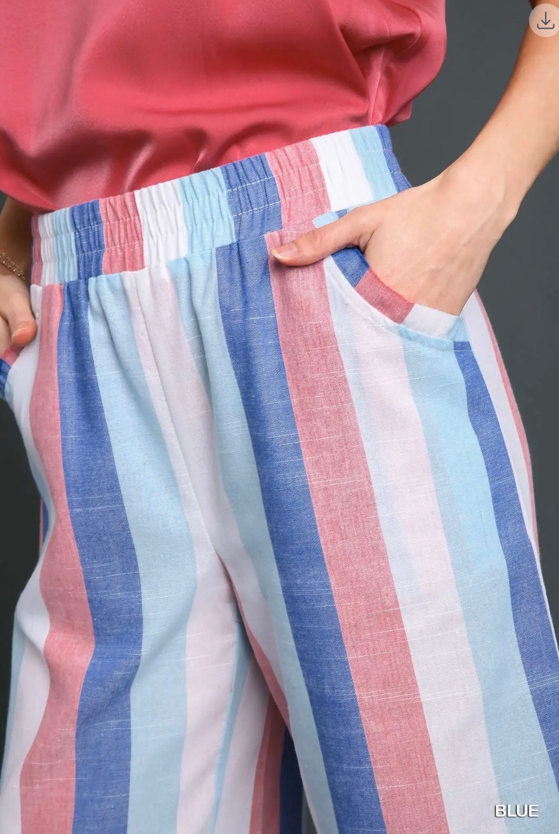 Umgee Striped Multi-Color Wide Leg Elastic Waistband Bottoms