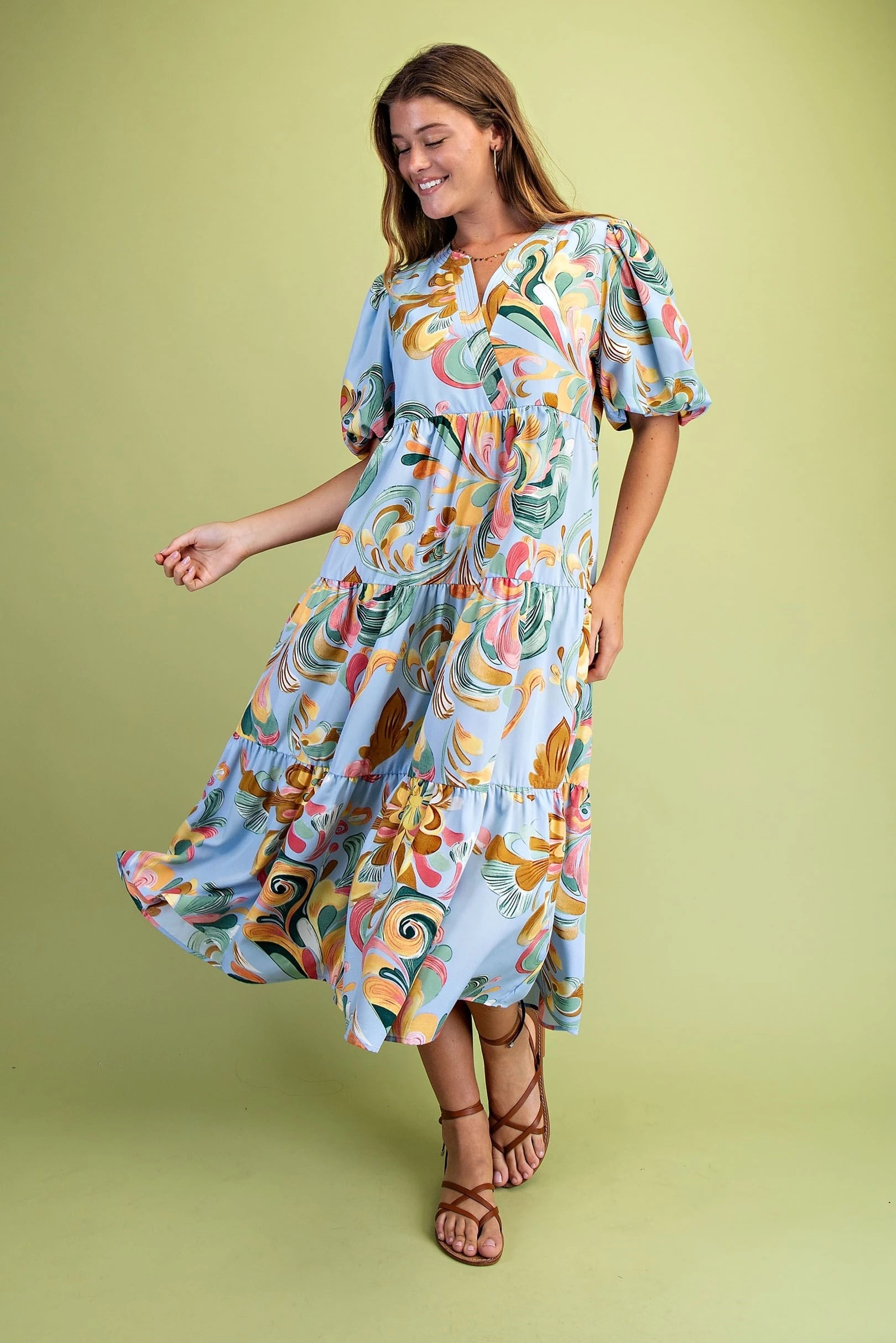 Sky Mix Tiered Midi Dress