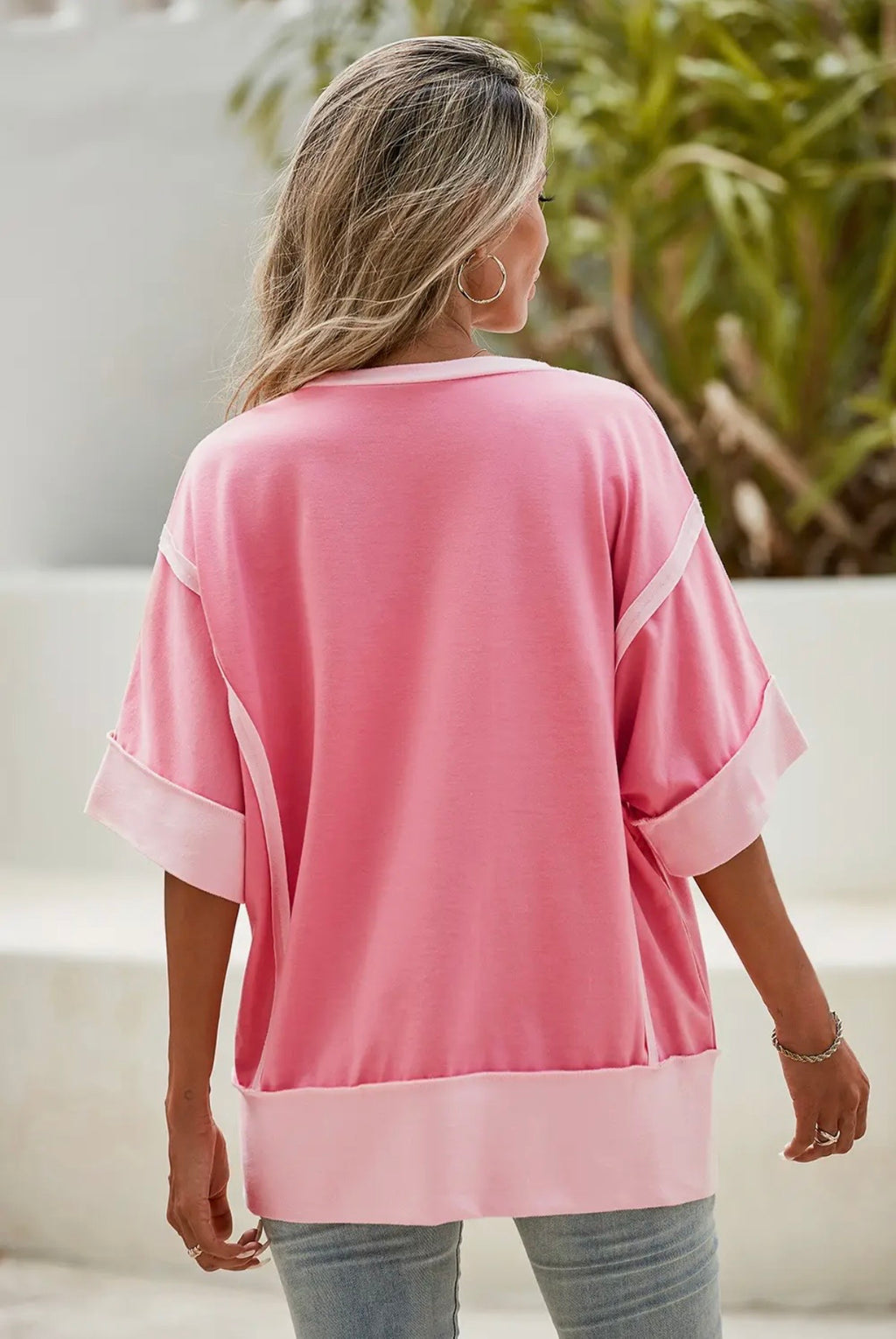 Soft Pink Half Sleeve Raw
Seam High Side Split Top