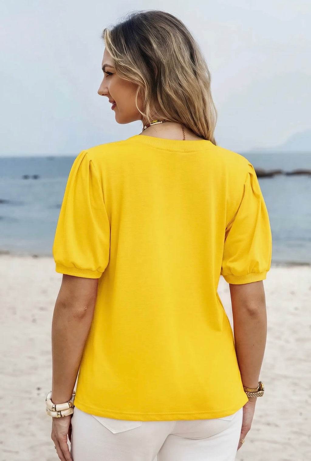 Solid Color V Neck Short Puff Sleeve Blouse-Pink, Yellow, & Turquoise