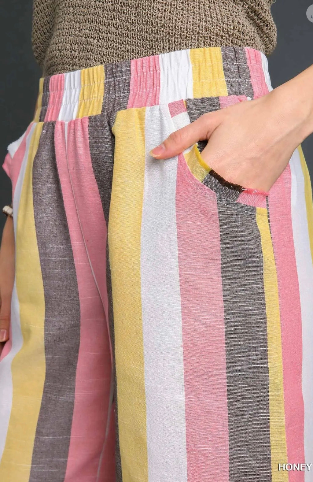 Umgee Striped Multi-Color Wide Leg Elastic Waistband Bottoms