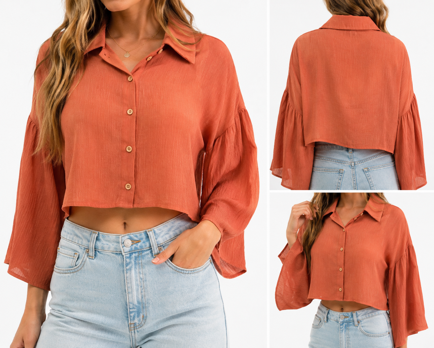 Rust Button Front Bell Sleeve Cropped Blouse