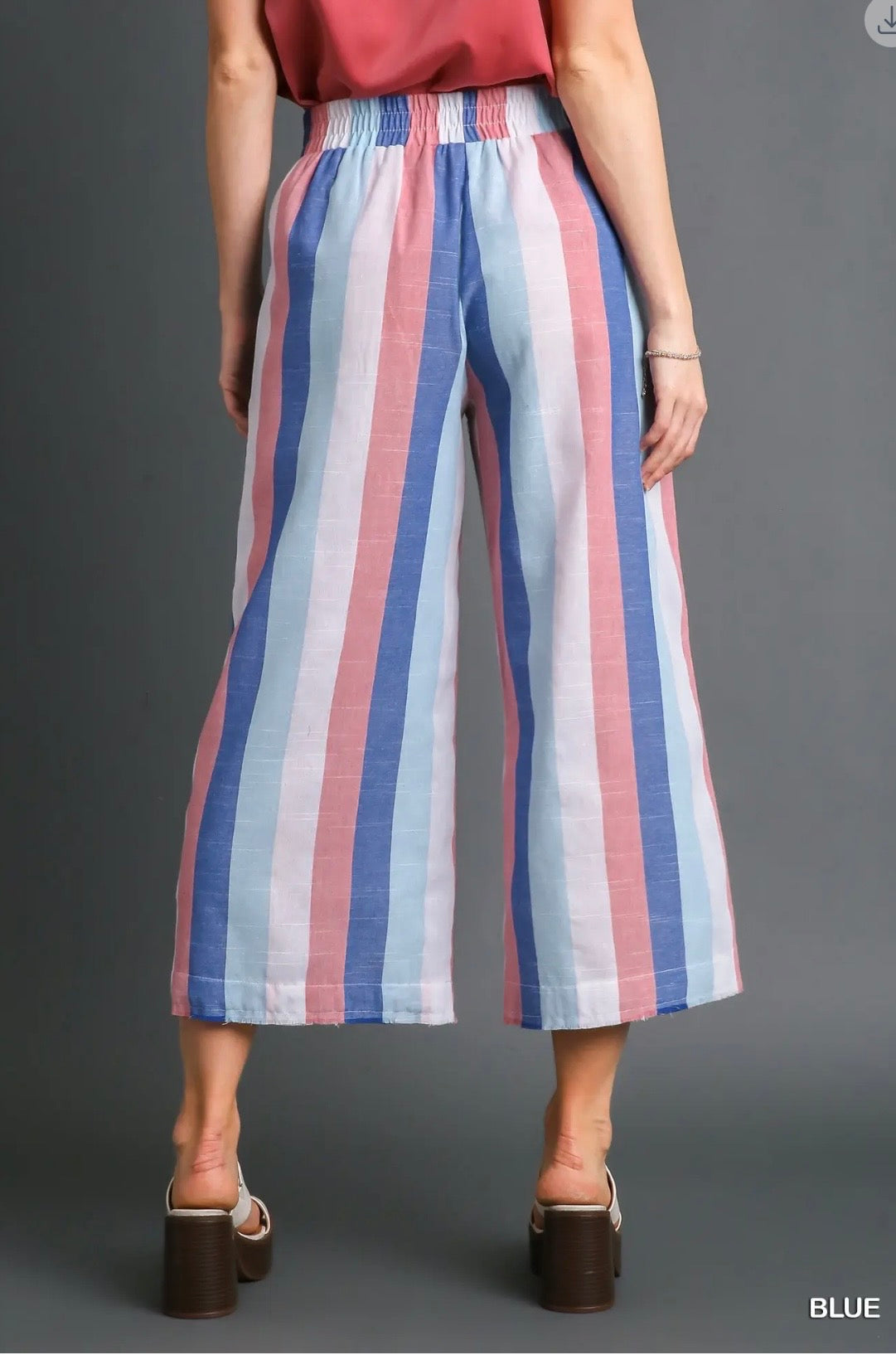 Umgee Striped Multi-Color Wide Leg Elastic Waistband Bottoms