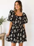 Black Floral Embroidered Puff Sleeve Dress