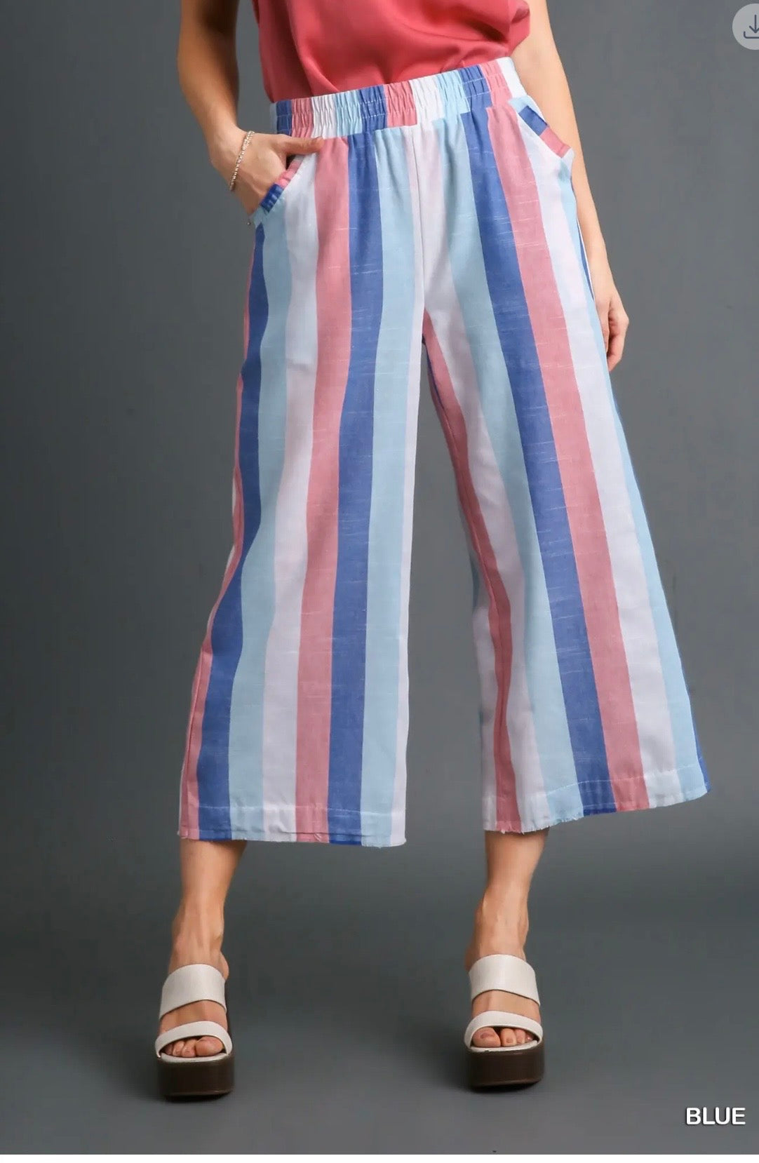 Umgee Striped Multi-Color Wide Leg Elastic Waistband Bottoms