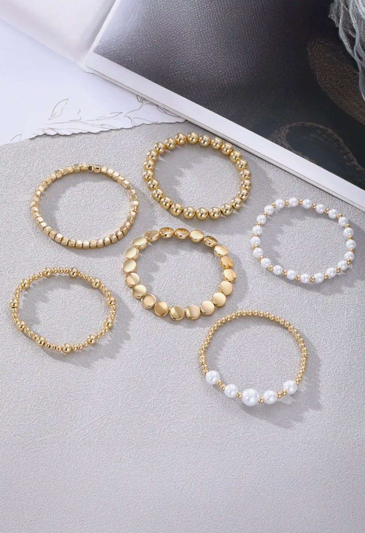 Gold Pearl Beaded Minimalist
Multi Layer Elastic Bracelets