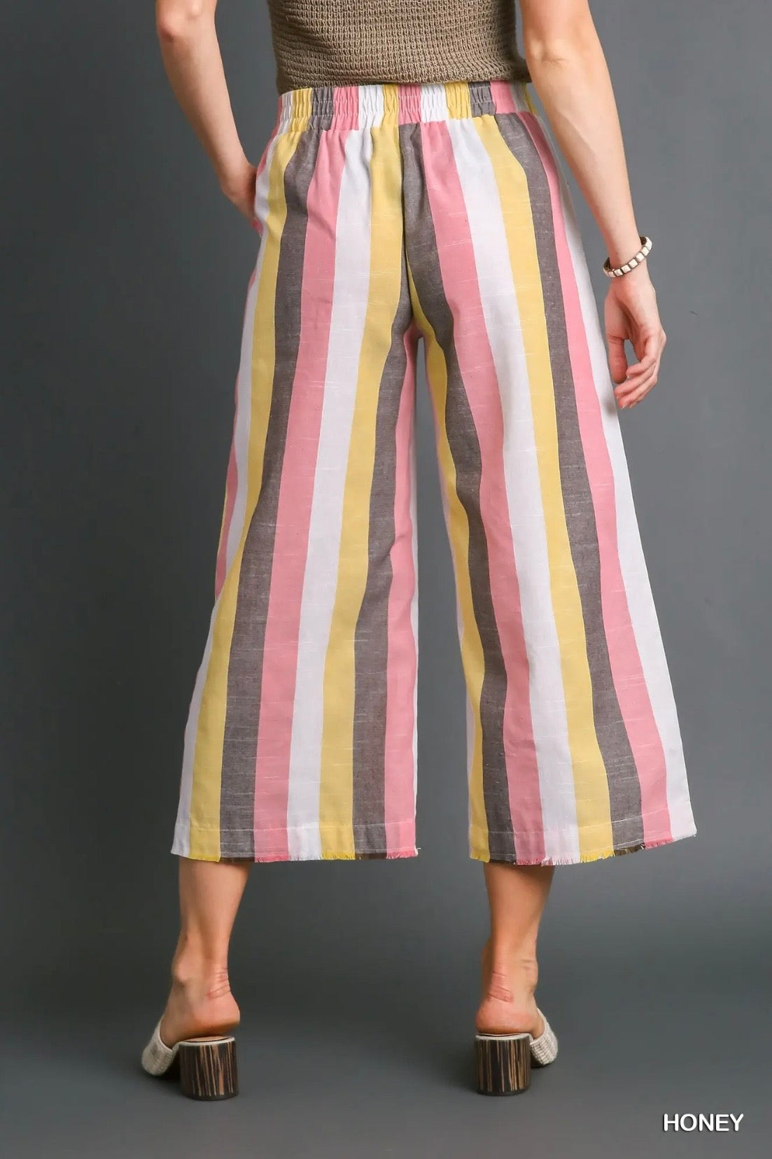 Umgee Striped Multi-Color Wide Leg Elastic Waistband Bottoms