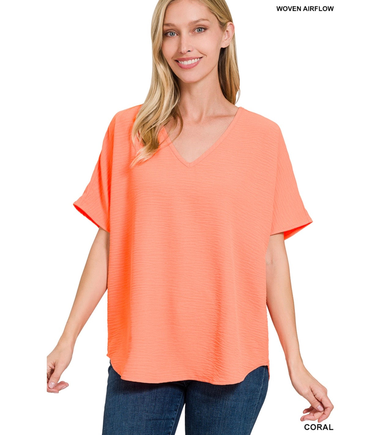 Zenana CORAL WOVEN AIRFLOW V-NECK SHORT SLEEVE TOP