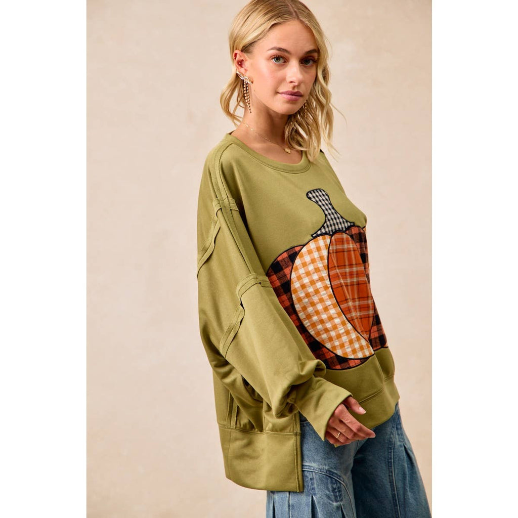 PLAID PUMPKIN 🎃 PATCHWORK FRENCH TERRY SWEATSHIRT: OLIVE 🫒