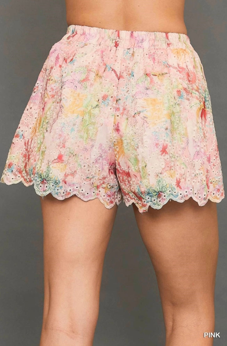 Umgee Pastel Floral Eyelet Lined Short