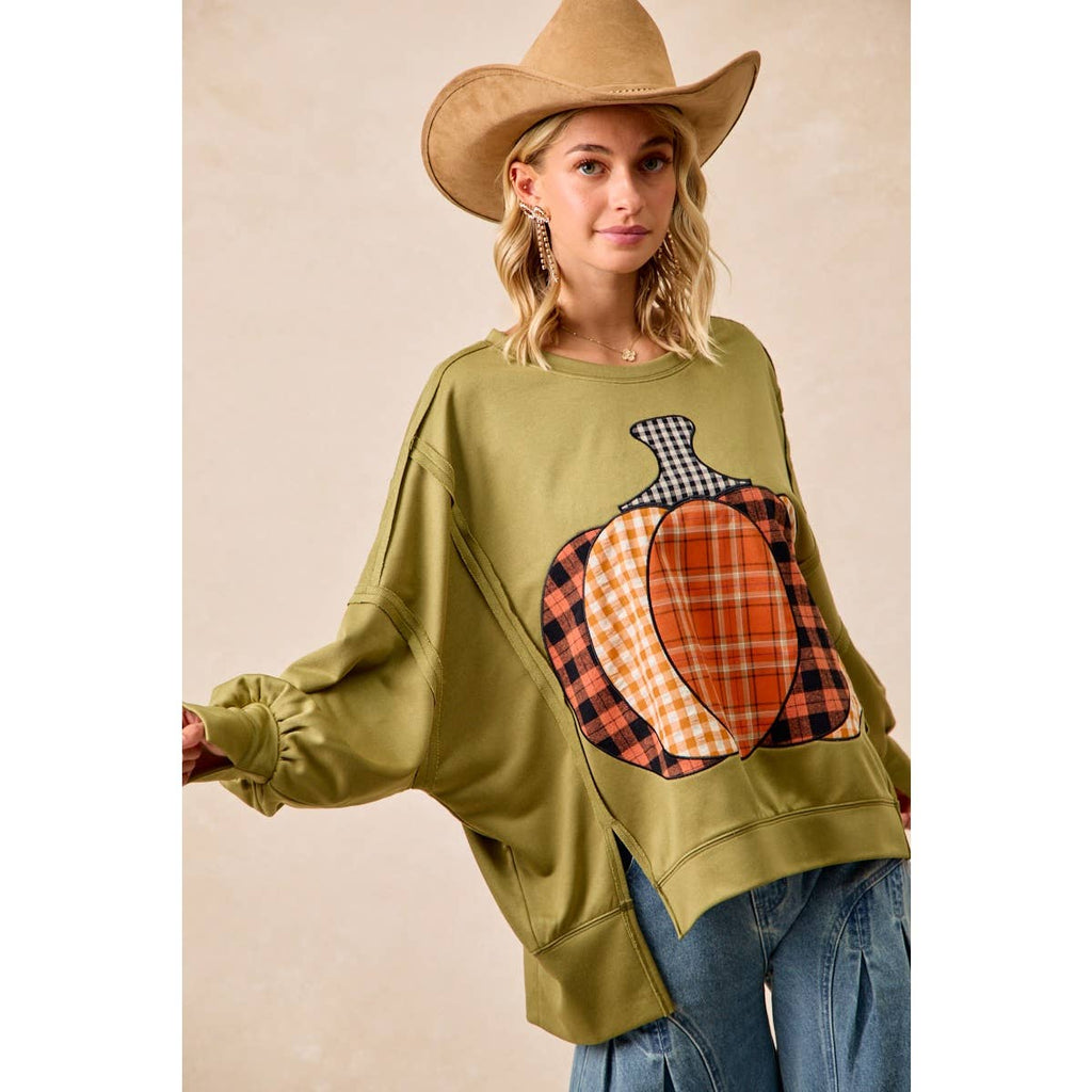 PLAID PUMPKIN 🎃 PATCHWORK FRENCH TERRY SWEATSHIRT: OLIVE 🫒