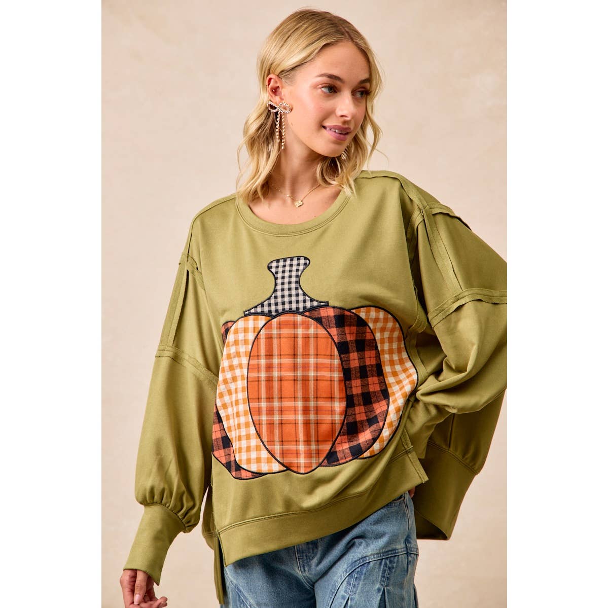 PLAID PUMPKIN 🎃 PATCHWORK FRENCH TERRY SWEATSHIRT: OLIVE 🫒