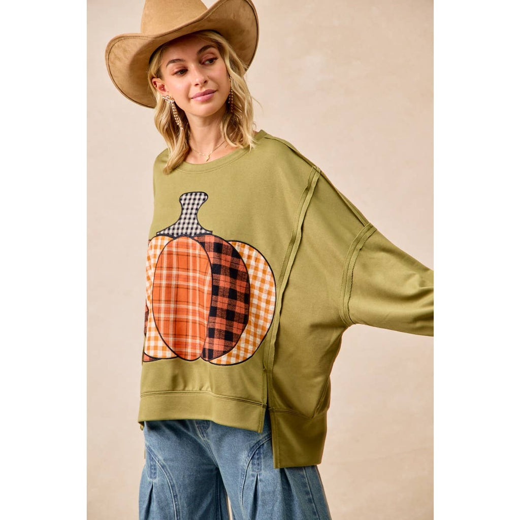 PLAID PUMPKIN 🎃 PATCHWORK FRENCH TERRY SWEATSHIRT: OLIVE 🫒