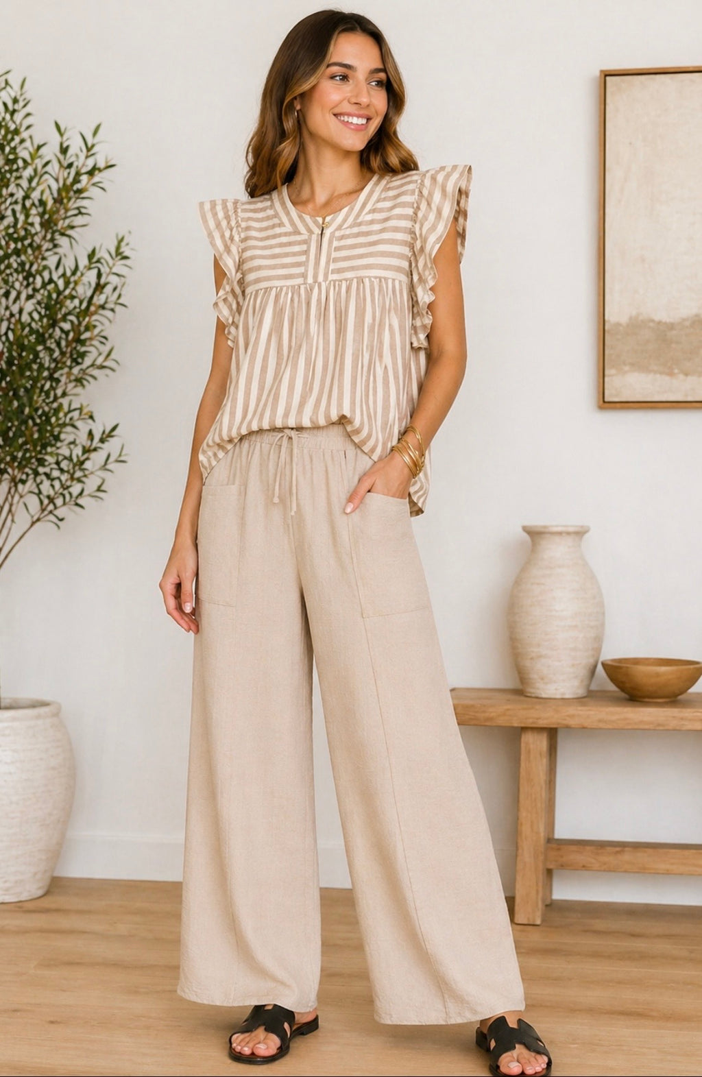 Beige Stripe Ruffled Blouse